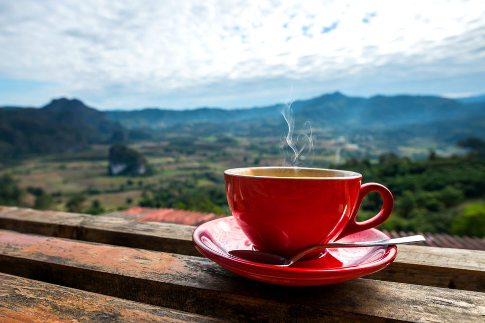 Red coffee cup and saucer filled with steaming coffee on a wood table with mountains background.