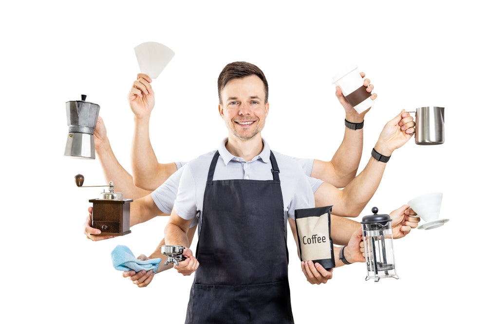 Barista with Multiple Arms Showing Different Coffee Brewing Equipment.