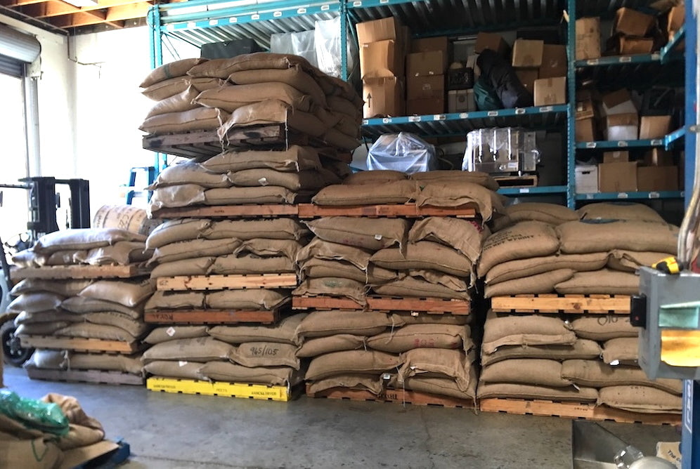 Coffee Bags stacked on wooden pallets.