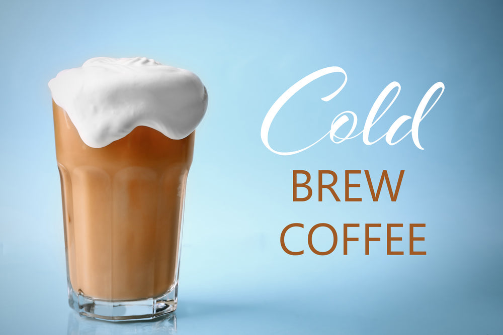 Glass of cold brewed coffee with cream on color background.
