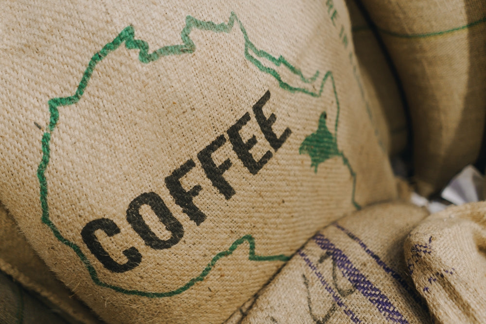 Jute bags of green coffee beans imported from Kenya.