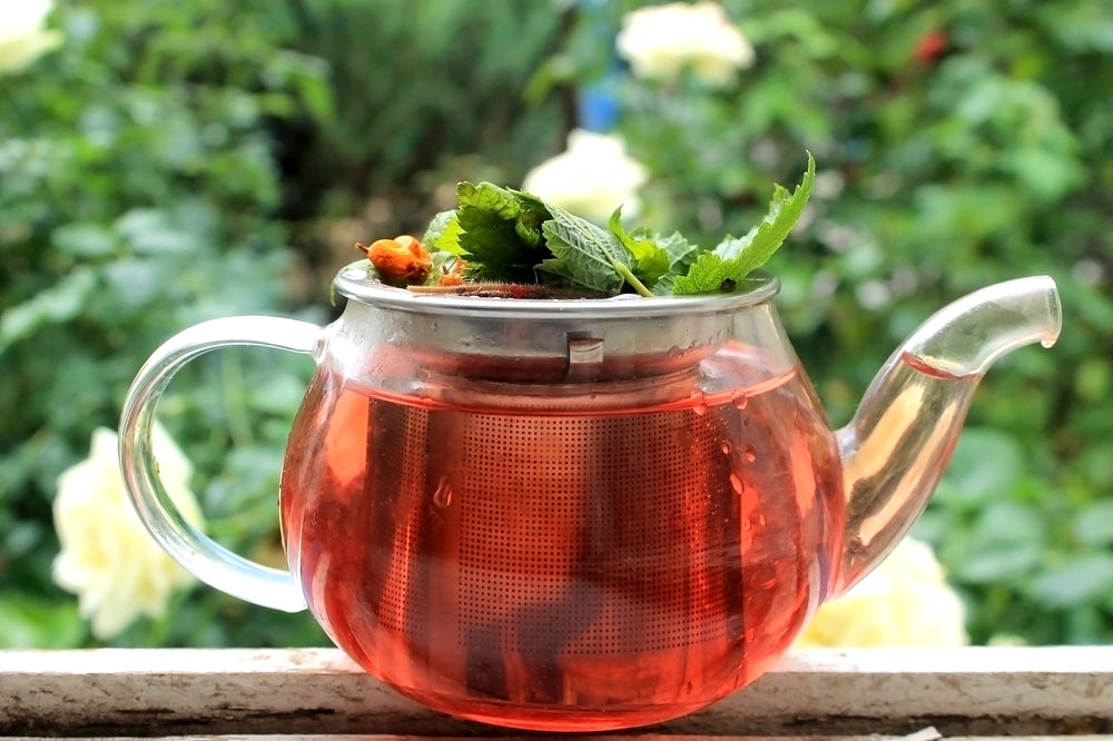 Teapot with green tea, pomegranate and herbs on the window of the garden house.