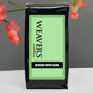 weaverscoffee.com  African Coffee Blend one pound bag with an orange gladiolus flower.