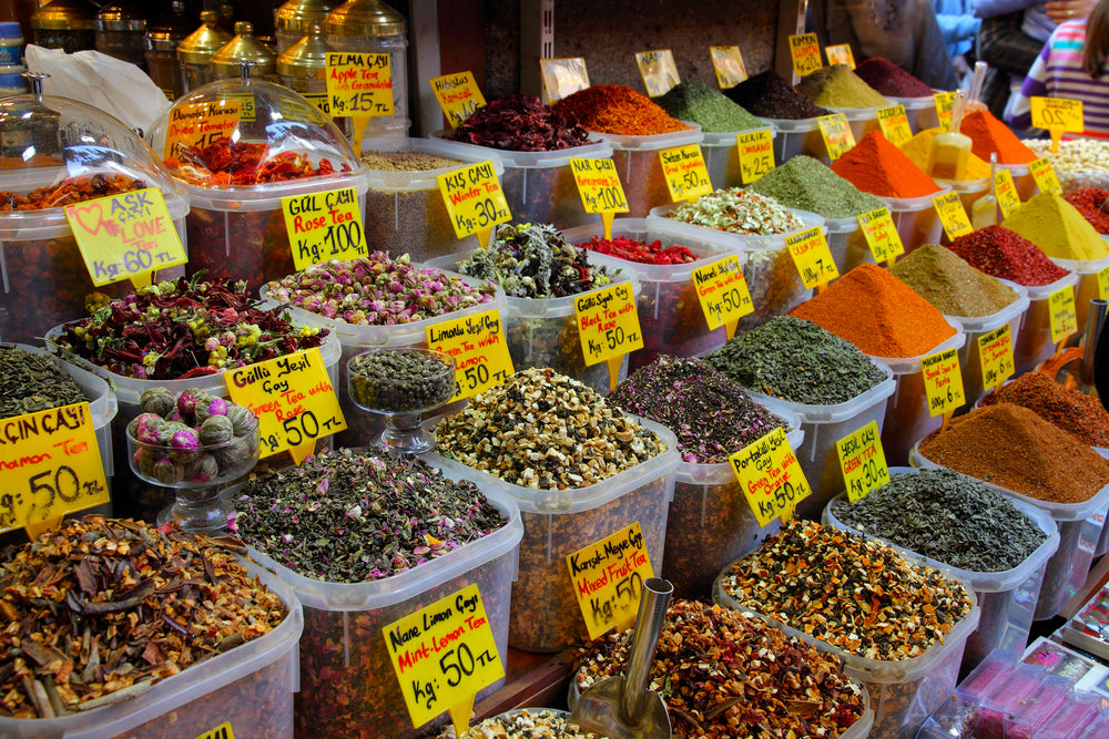 Displays of world teas and other products on offer in the world famous Spice market in Istanbul, Turkey.