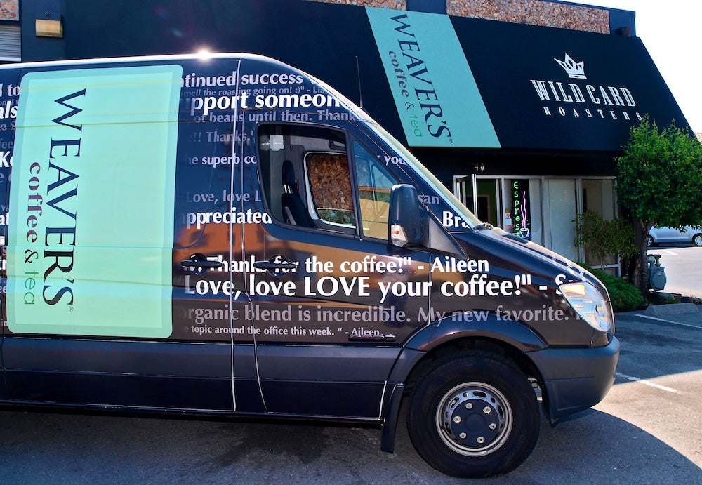 Exterior of Weaver's Coffee & Tea Coffee Roastery, coffee shop and delivery truck in San Rafael, California.