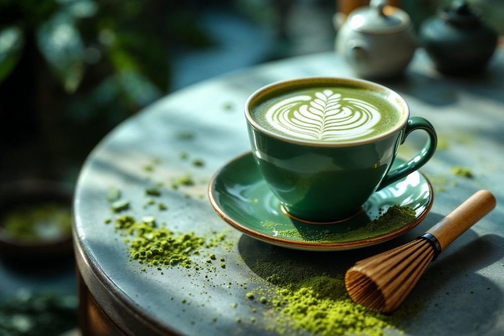 Matcha Latte Art In a ceramic cup with matcha powder and whisk nearby.