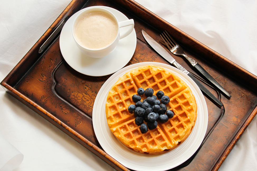 Cafe au Lait and Healthy Blueberry Waffles