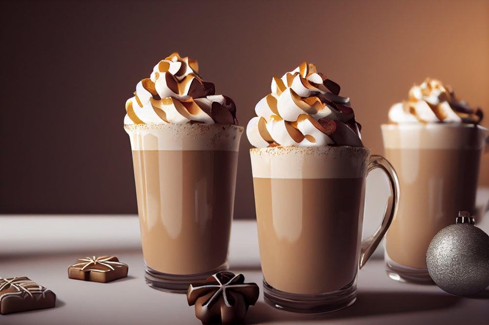 Three glass mugs of gingerbread latte, whipped cream, christmas ornaments.