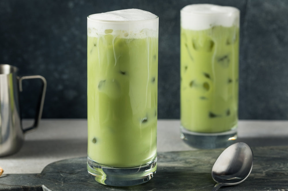 Two Iced Matcha Lattes with Cold Foam.