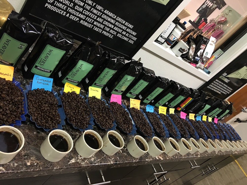 Weaver's Coffee cupping table with one pound bags of coffee, roasted coffee in blue trays and brewed coffee to be tasted.