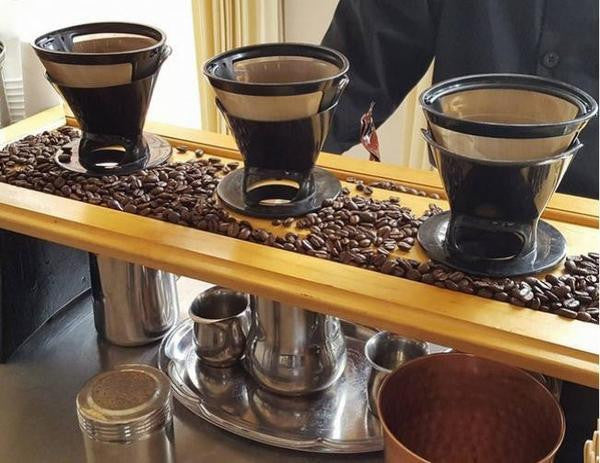 Indonesian Coffees being displayed on a pour over coffee drip.