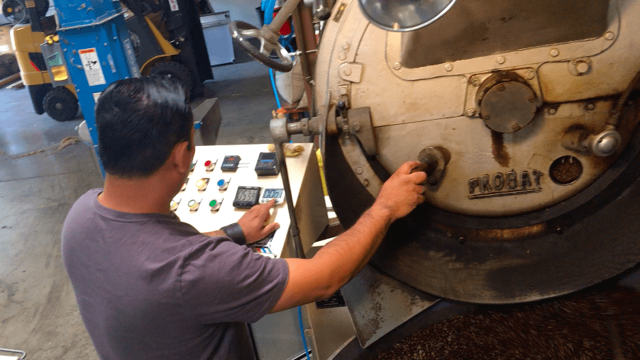 weaverscoffee.com Man roasting Guatemala Antigua Coffee on a Probat Coffee Roaster